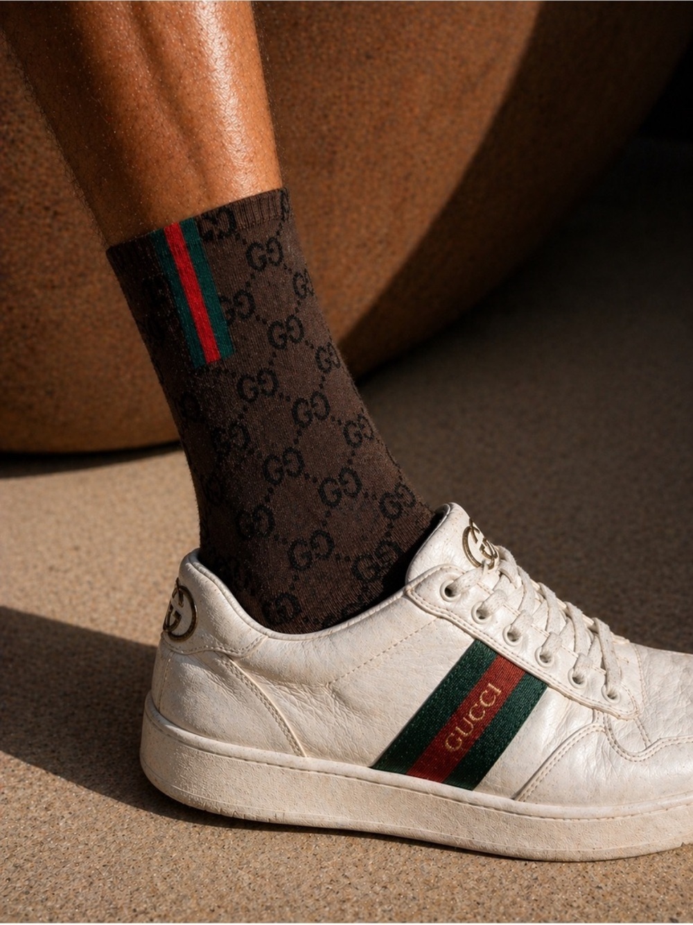 Gucci Brown GG Crew Socks with Green and Red Stripe